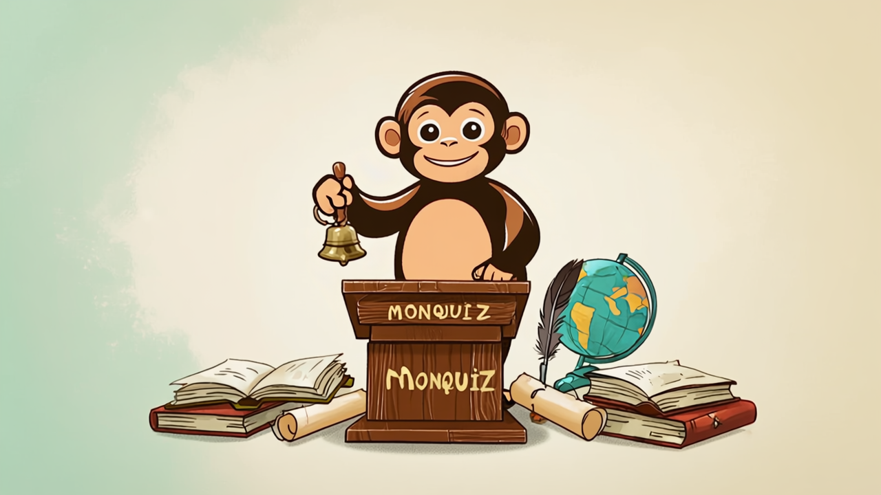Der MonQuiz-Affe, der mit einem Buch lacht