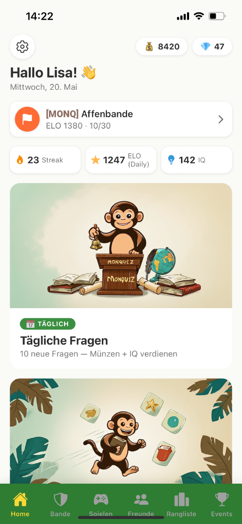 MonQuiz Home-Screen mit täglichen Quiz-Aufgaben