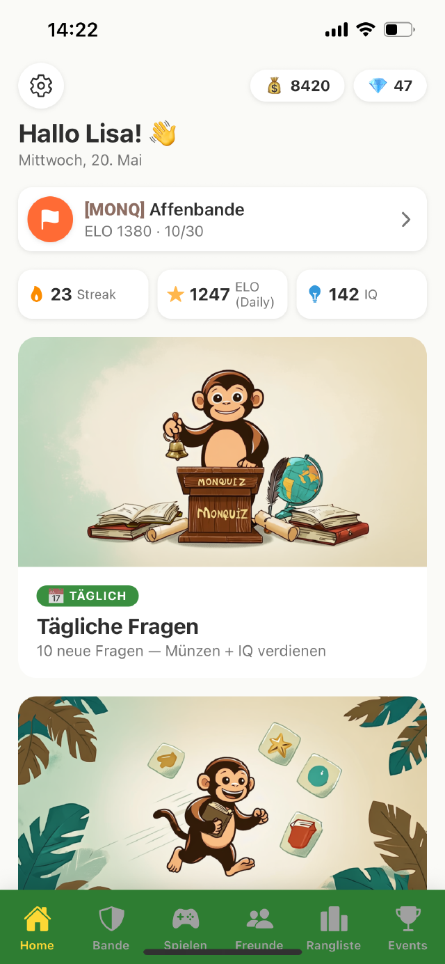 Home-Screen mit Tagesaufgaben